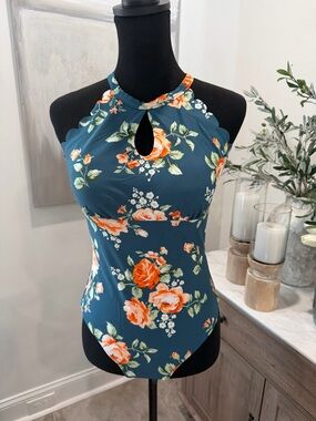 CUPSHE Teal Floral Scalloped One Piece Swimsuit